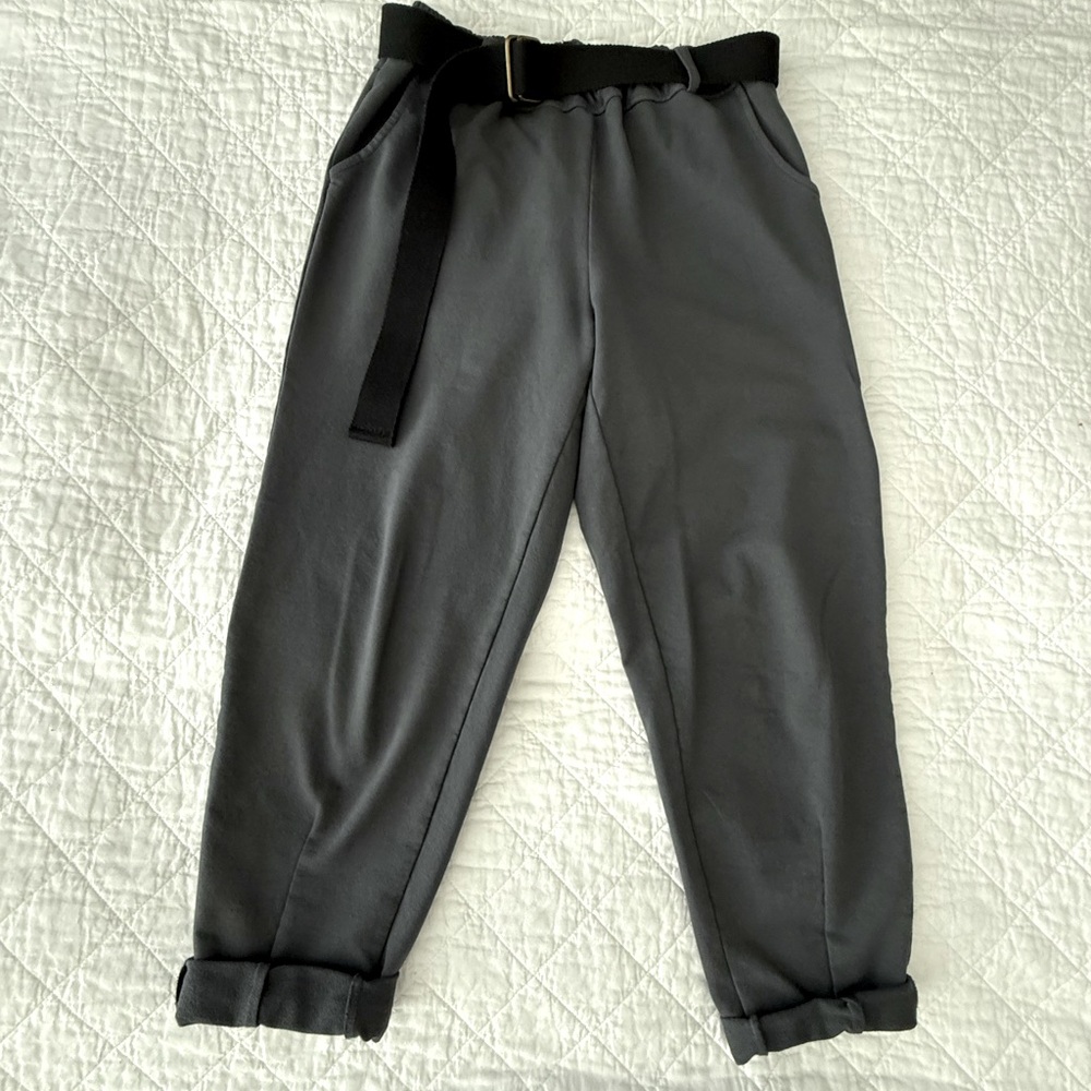 Gray Cotton Pants with Elastic Waistband and a Belt